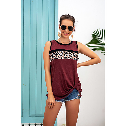 

Women's Tank Top Vest Leopard Patchwork Print Round Neck Basic Streetwear Tops Blushing Pink Wine Green