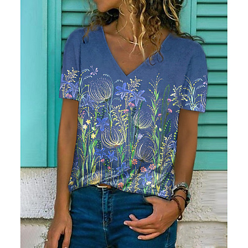 

Women's Floral Theme Painting T shirt Floral Graphic Print V Neck Basic Tops Blue