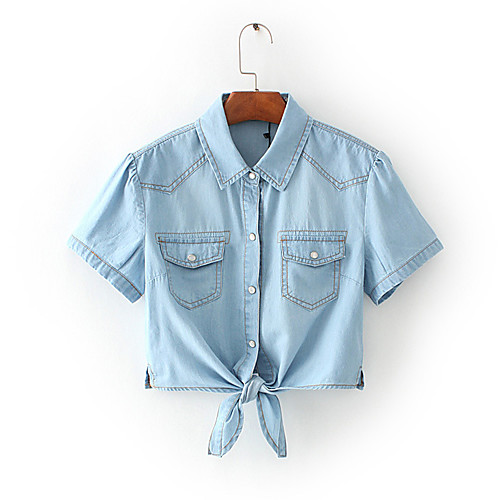 

Women's Coat Daily Wear Spring Summer Regular Coat Regular Fit Casual Jacket Solid Color Button Light Blue / Cotton