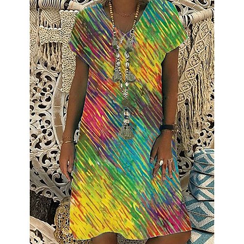 

Women's A Line Dress Knee Length Dress Rainbow Short Sleeve Tie Dye Summer V Neck Elegant Casual 2021 S M L XL XXL 3XL 4XL 5XL