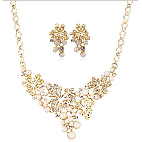 

jewelry set alloy leaf diamond-studded pearl necklace fashion elegant set
