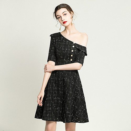 

A-Line Little Black Dress Vintage Homecoming Cocktail Party Dress One Shoulder Half Sleeve Knee Length Spandex with Buttons 2021