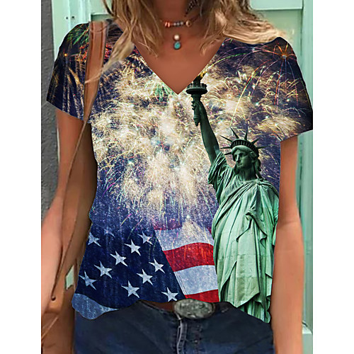 

Women's Abstract Painting T shirt Graphic American Flag National Flag Print V Neck Basic Tops Blue