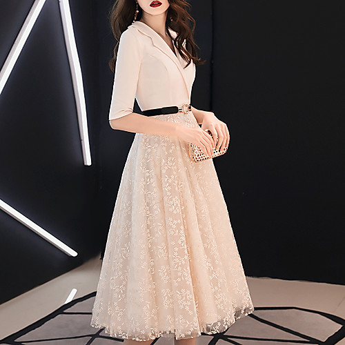 

A-Line Minimalist Elegant Party Wear Cocktail Party Dress V Neck Half Sleeve Tea Length Lace Tulle Stretch Fabric with Sash / Ribbon Pleats 2021
