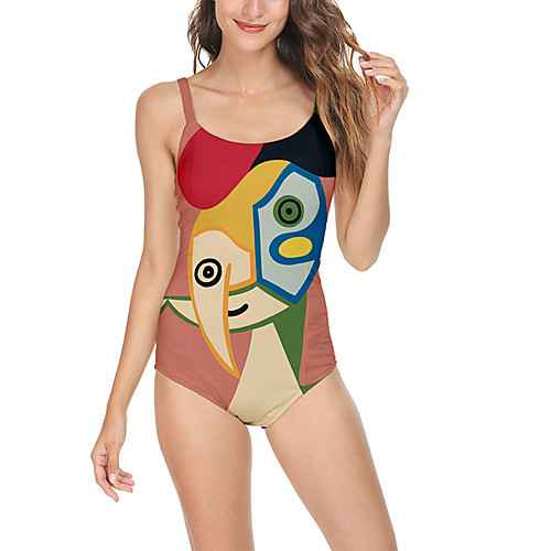 

Women's One Piece Monokini Swimsuit Print Color Block Abstract Blue Yellow Wine Light Brown Green Swimwear Strap Bathing Suits New Casual / Padded Bras