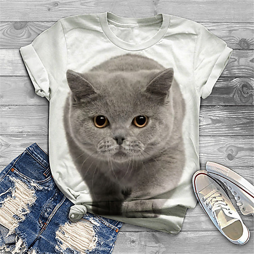 

Women's Plus Size Tops T shirt Cat Graphic Animal Print Short Sleeve Crewneck Basic White Big Size XL XXL 3XL 4XL 5XL / Holiday