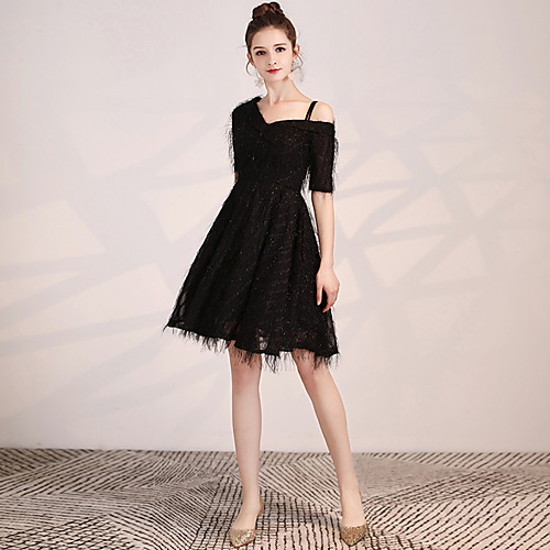 

A-Line Minimalist Elegant Party Wear Cocktail Party Dress V Neck Short Sleeve Short / Mini Tulle with Feather Pleats 2021