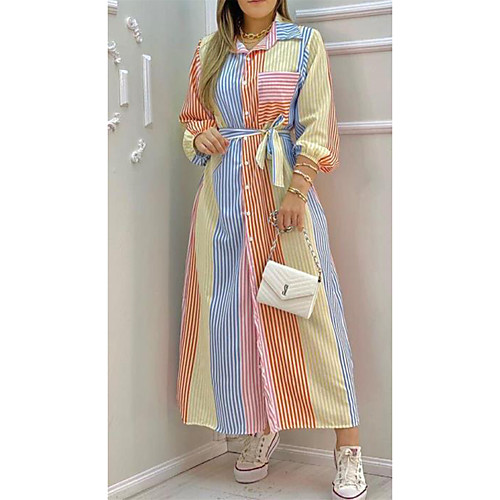 

Women's A Line Dress Maxi long Dress Blue Long Sleeve Striped Color Block Fall Summer Shirt Collar Casual Holiday 2021 S M L XL