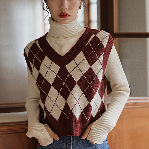 

Women's Plaid / Check Vest Sleeveless Sweater Cardigans V Neck Coffee color Red Black