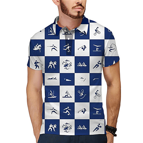

Men's Golf Shirt Tennis Shirt 3D Print Color Block Portrait Button-Down Short Sleeve Street Tops Casual Fashion Cool Blue / Sports