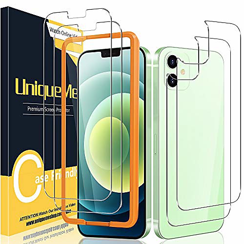 

[22 pack] uniqueme compatible with iphone 12 mini 5.4 inch front and back screen protector tempered glass (not for iphone 12) [u-shaped cutout][easy installation frame]