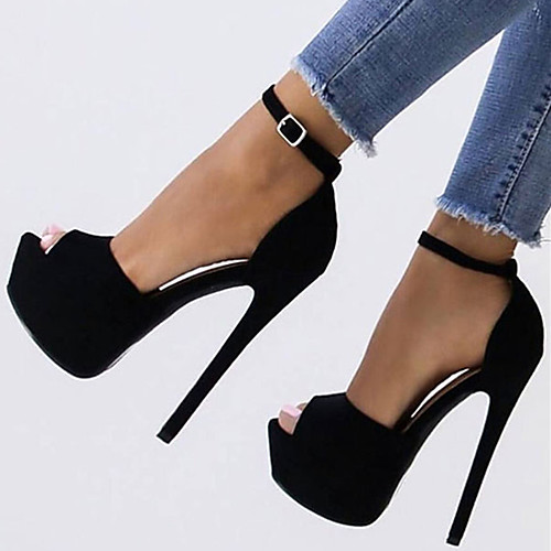 

Women's Sandals High Heel Peep Toe Suede Buckle Lace-up Solid Colored Black