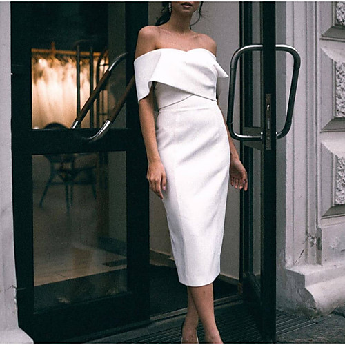 

Sheath / Column Minimalist Elegant Engagement Prom Dress Off Shoulder Sleeveless Tea Length Charmeuse with Sleek 2021