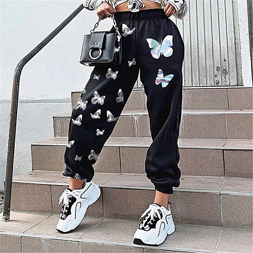 

Women's Basic Athleisure Breathable Soft Holiday Weekend Jogger Chinos Pants Butterfly Animal Ankle-Length Elastic Waist Print Blue Purple Wine Black Green