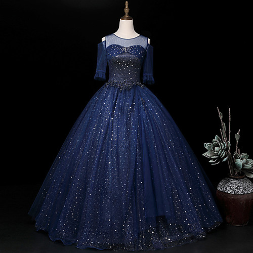 

Ball Gown Sparkle Elegant Quinceanera Prom Dress Illusion Neck Half Sleeve Floor Length Tulle with Sequin 2021