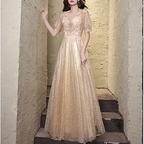 

A-Line Cut Out Floral Party Wear Prom Dress V Neck Short Sleeve Floor Length Tulle with Beading Appliques 2021