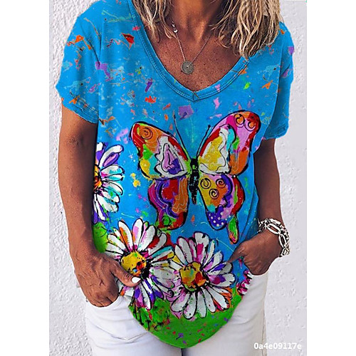 

Women's Floral Theme Butterfly Painting T shirt Floral Butterfly Print V Neck Basic Tops A01 A02