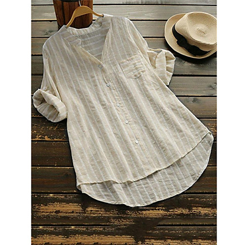 

Women's Plus Size Tops Blouse Shirt Stripe Button Half Sleeve V Neck Summer Light Blue khaki Light Grey Big Size L XL XXL XXXL 4XL