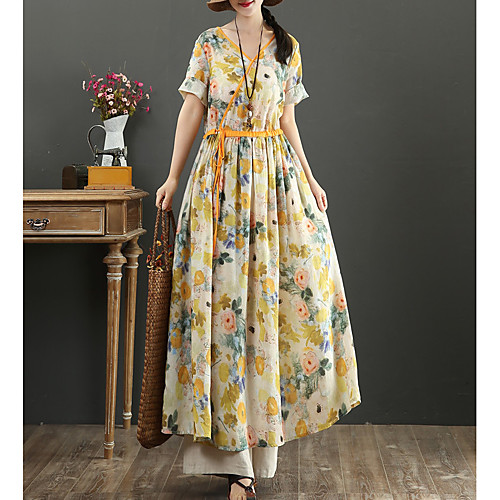 

Women's Swing Dress Maxi long Dress Yellow Short Sleeve Print Spring Summer Casual 2021 M L XL XXL