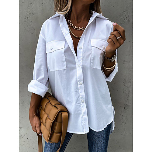 

Women's Blouse Shirt Plain Long Sleeve Pocket Button Shirt Collar Basic Streetwear Tops White Black