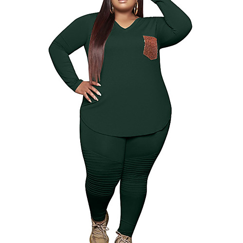 

Women's Plus Size Tops Set Plain Solid Color Pocket Long Sleeve Round Neck Casual / Daily Spring Summer turmeric Cai Lan Dark Green Big Size XL 2XL 3XL 4XL 5XL