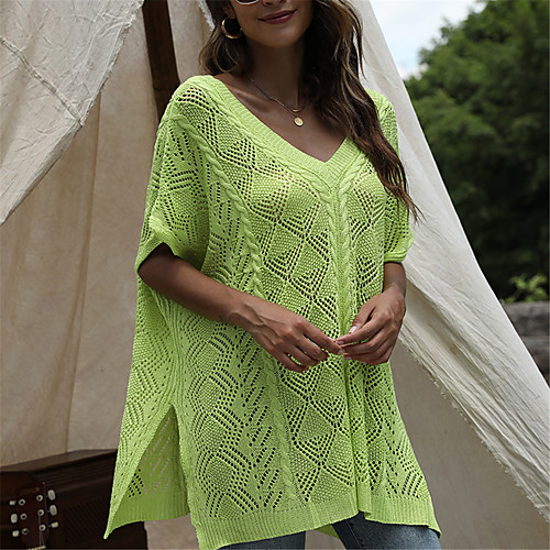 

Women's Hollow Out Knitted Hole Solid Color Geometric Sweater Half Sleeve Sweater Cardigans V Neck Fall Summer Orange Light Green