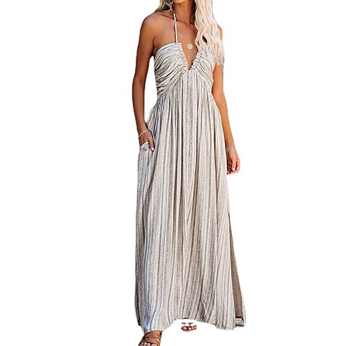 

Women's Swing Dress Maxi long Dress M beige Black Sleeveless Stripes Spring Summer Casual / Daily 2021 S M L XL
