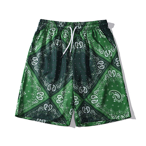 

Men's Casual Breathable Soft Sports Loose Sports Leisure Sports Bermuda shorts Pants Cashew nuts Bandana Short Print Black and Green / Summer / Elasticity