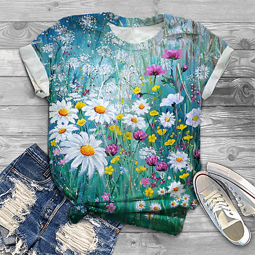 

Women's Plus Size Tops T shirt Graphic Daisy Print Short Sleeve Crewneck Basic Summer Blue Big Size XL XXL 3XL 4XL 5XL
