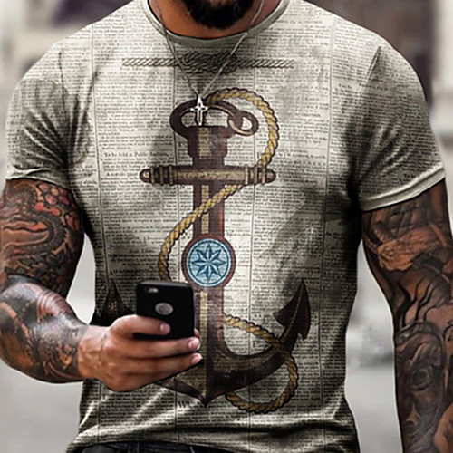 

Men's Tee T shirt Shirt 3D Print Graphic Notes Rudder Plus Size Short Sleeve Casual Tops Basic Designer Slim Fit Big and Tall Brown Gray