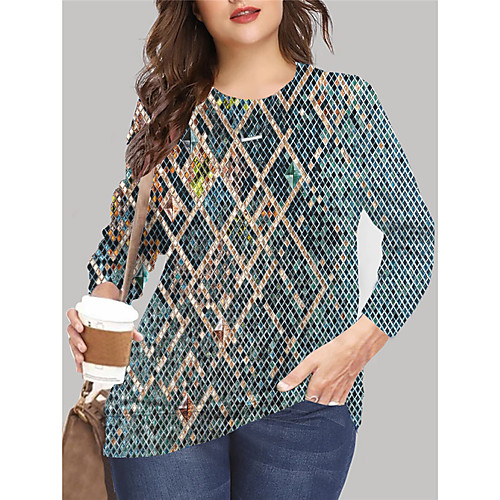 

Women's Plus Size Tops Pullover Sweatshirt Graphic Geometry Print Long Sleeve Crewneck Basic Fall Summer Blue Red Big Size XL XXL 3XL 4XL 5XL