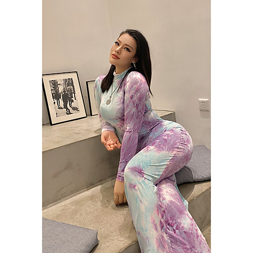 

Women's Sheath Dress Maxi long Dress Purple Green Black Long Sleeve Tie Dye Patchwork Print Fall Spring Round Neck Work Sexy Slim 2021 S M L XL XXL 3XL / Plus Size / Plus Size