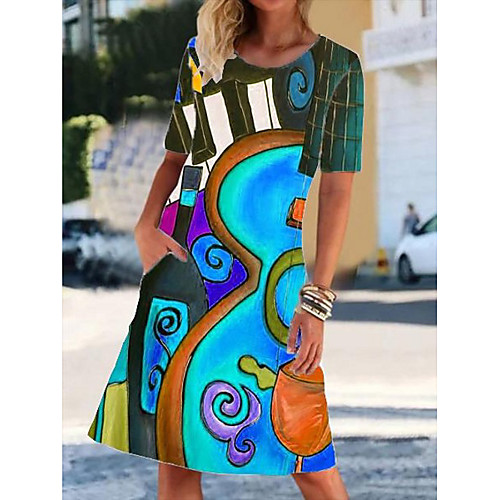 

Women's A Line Dress Knee Length Dress Blue Red Short Sleeve Print Print Summer Round Neck Elegant Loose 2021 S M L XL XXL 3XL