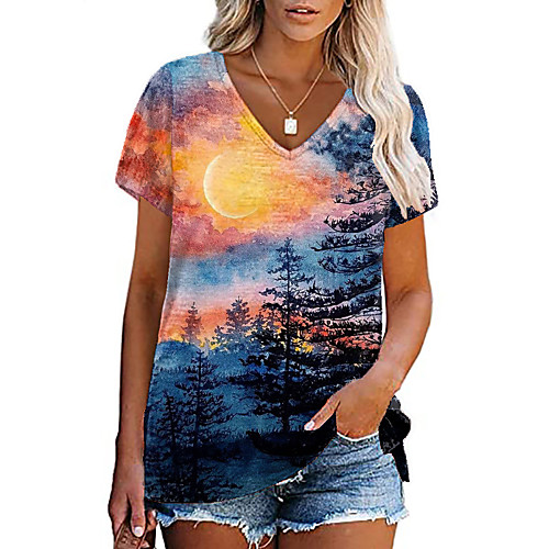 

Women's Abstract 3D Printed Painting T shirt Scenery 3D Print V Neck Basic Tops Orange