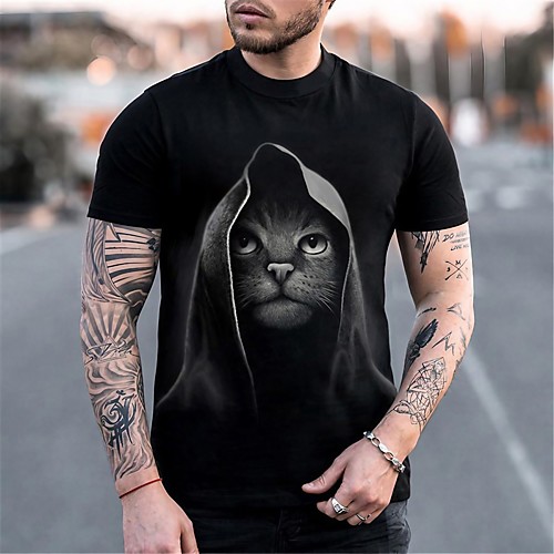 

Men's Tee T shirt Shirt 3D Print Cat Graphic Plus Size Short Sleeve Casual Tops Basic Designer Slim Fit Big and Tall Black