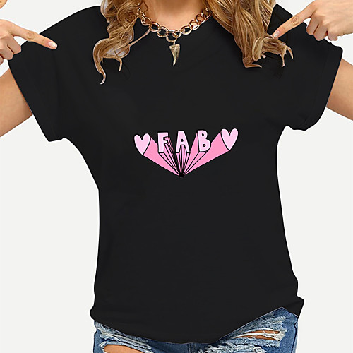 

Women's Painting T shirt Text Sticker Print Round Neck Basic Tops Cotton Blue Blushing Pink Red