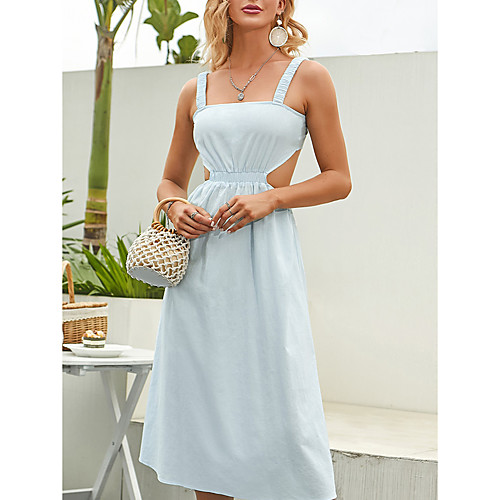 

Women's A Line Dress Midi Dress Blue Sleeveless Solid Color Backless Hollow To Waist Summer Boat Neck Casual Holiday 2021 XS S M L