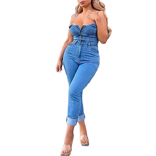

Women's Streetwear 2021 Blue Jumpsuit Solid Color Cotton