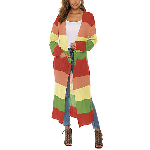 

Women's Pocket Knitted Striped Color Block Cardigan Sweater Long Sleeve Sweater Cardigans Deep V Fall Winter Blue Orange Black