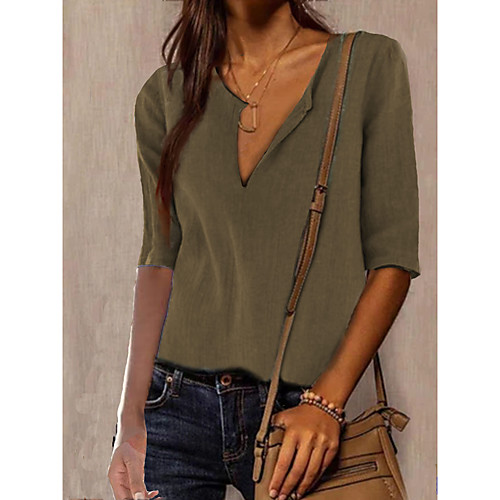 

Women's Blouse Shirt Plain V Neck Basic Streetwear Tops Wine Dark Gray Gray