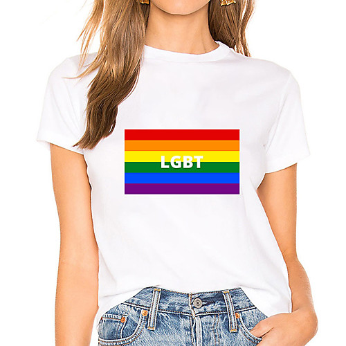 

Women's Painting T shirt Rainbow Striped Letter Print Round Neck Basic LGBT Pride Tops White Black