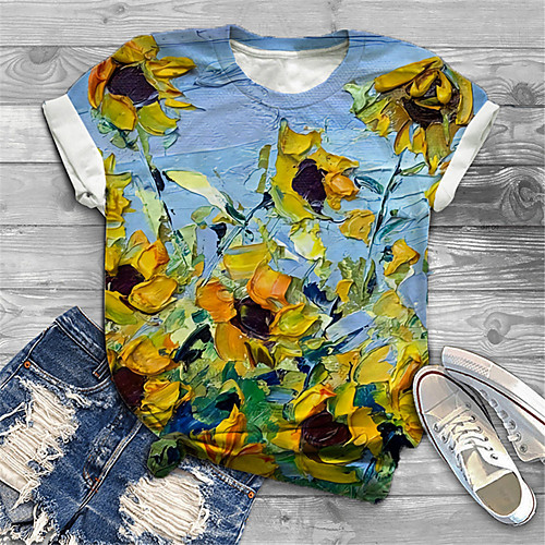 

Women's Plus Size Tops T shirt Floral Graphic Print Short Sleeve Crewneck Basic Blue Big Size XL XXL 3XL 4XL 5XL / Holiday