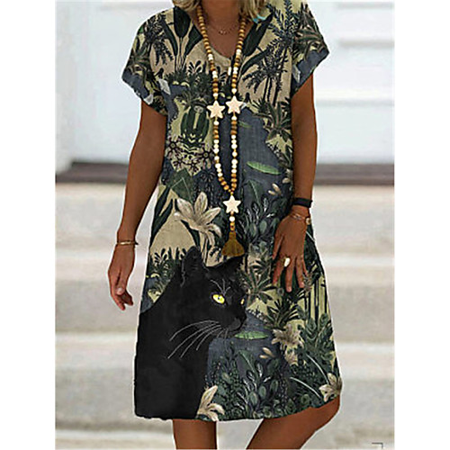 

Women's A Line Dress Knee Length Dress Green Black Short Sleeve Floral Polka Dot Summer V Neck Elegant Casual 2021 S M L XL XXL 3XL 4XL 5XL