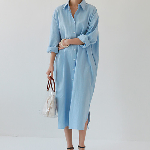

Women's Shift Dress Midi Dress Navy Blue Blushing Pink Long Sleeve Solid Color Spring Summer Casual 2021 S M L XL XXL