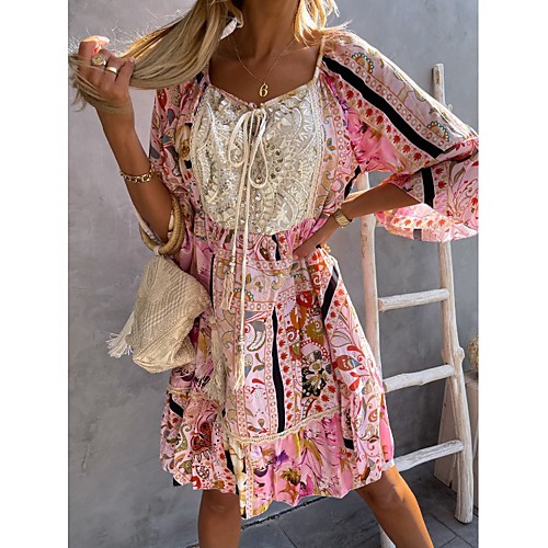 

Women's A Line Dress Knee Length Dress L Blushing Pink Green Apricot Long Sleeve Pattern Summer Casual 2021 S M L XL 2XL