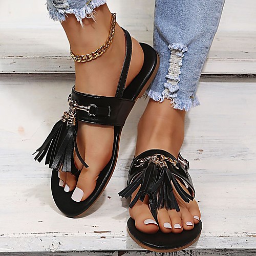 

Women's Sandals Flat Heel Round Toe Rubber PU Color Block White Black Gold
