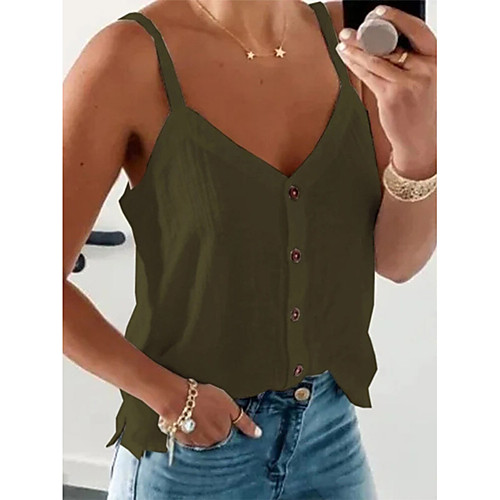 

Women's Camisole Blouse Tank Top Plain Button V Neck Basic Streetwear Tops Blue Green