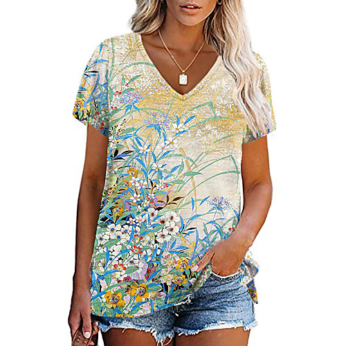 

Women's Floral Theme Painting T shirt Floral Graphic Print V Neck Basic Tops Yellow