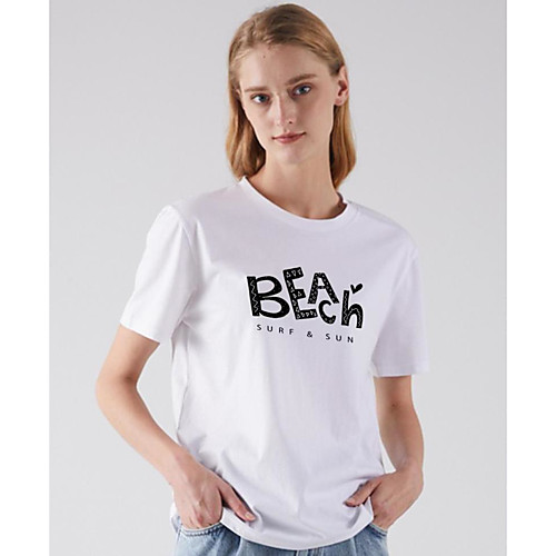 

Women's T shirt Letter Print Round Neck Basic Tops White Fuchsia Light gray