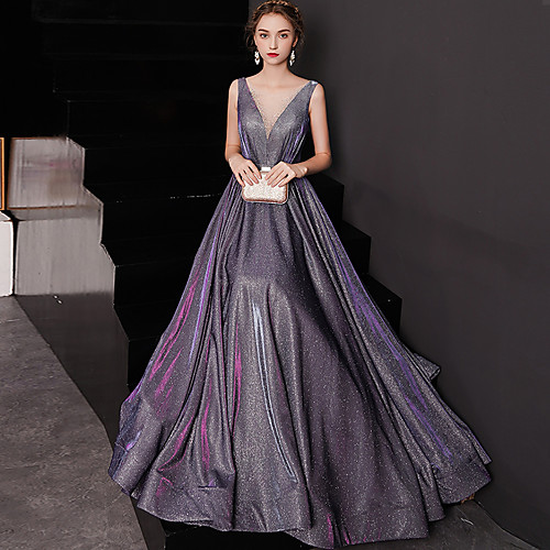 

A-Line Sparkle Elegant Party Wear Prom Dress V Neck Sleeveless Floor Length Spandex with Sash / Ribbon Pleats 2021